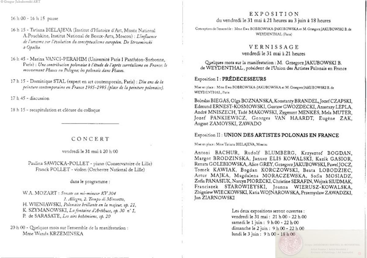 AUTOUR des ASSOCIATIONS ARTISTIQUES POLONAISES en France. Colloque - Exposition - Concert, 1996