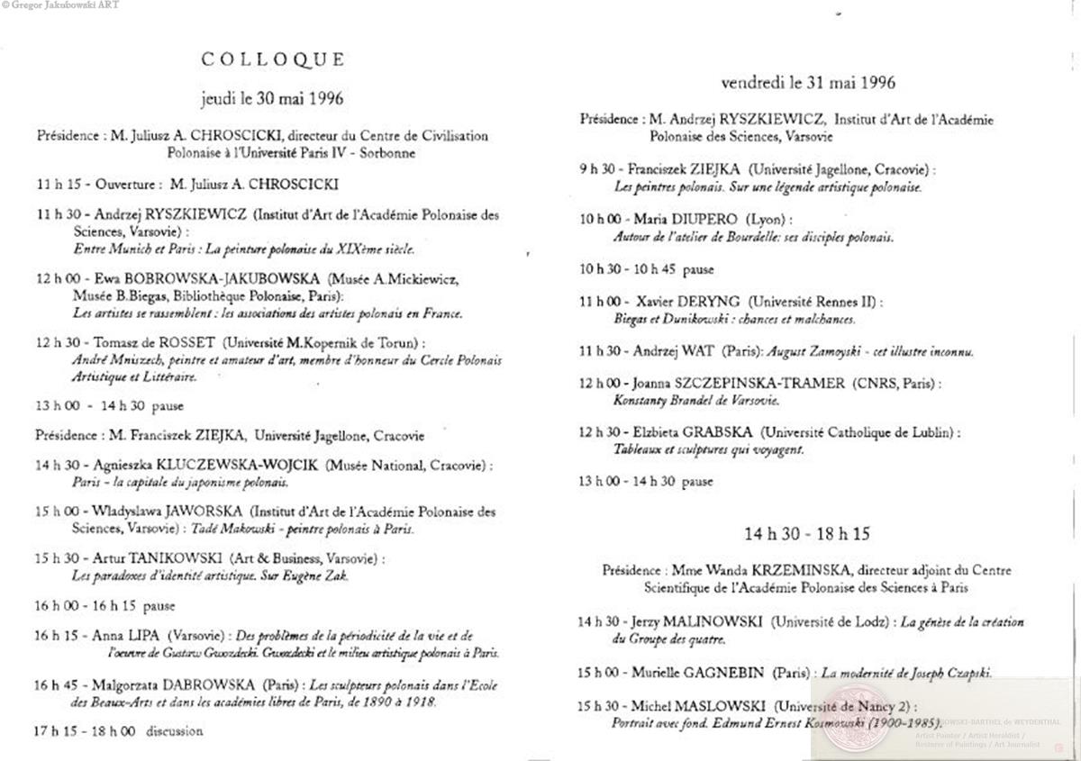 AUTOUR des ASSOCIATIONS ARTISTIQUES POLONAISES en France. Colloque - Exposition - Concert, 1996